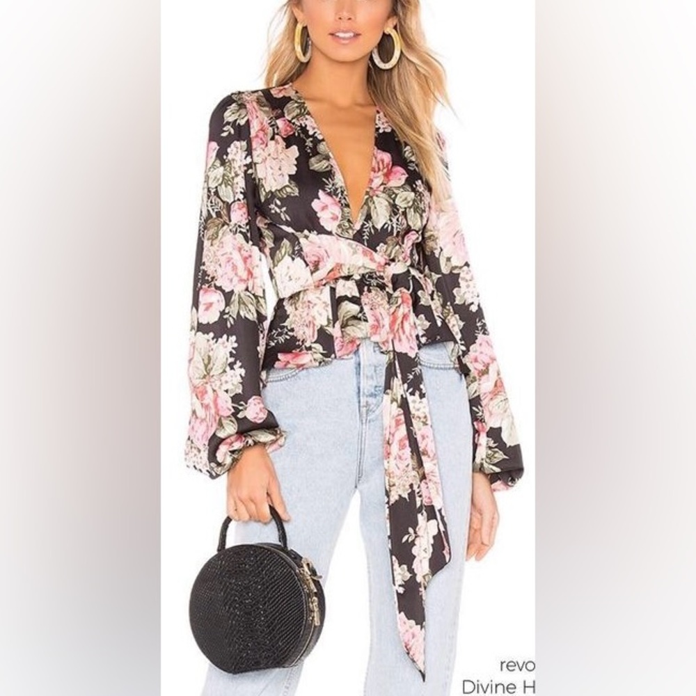Divine Heritage Floral Wrap Blouse - Black and Pink